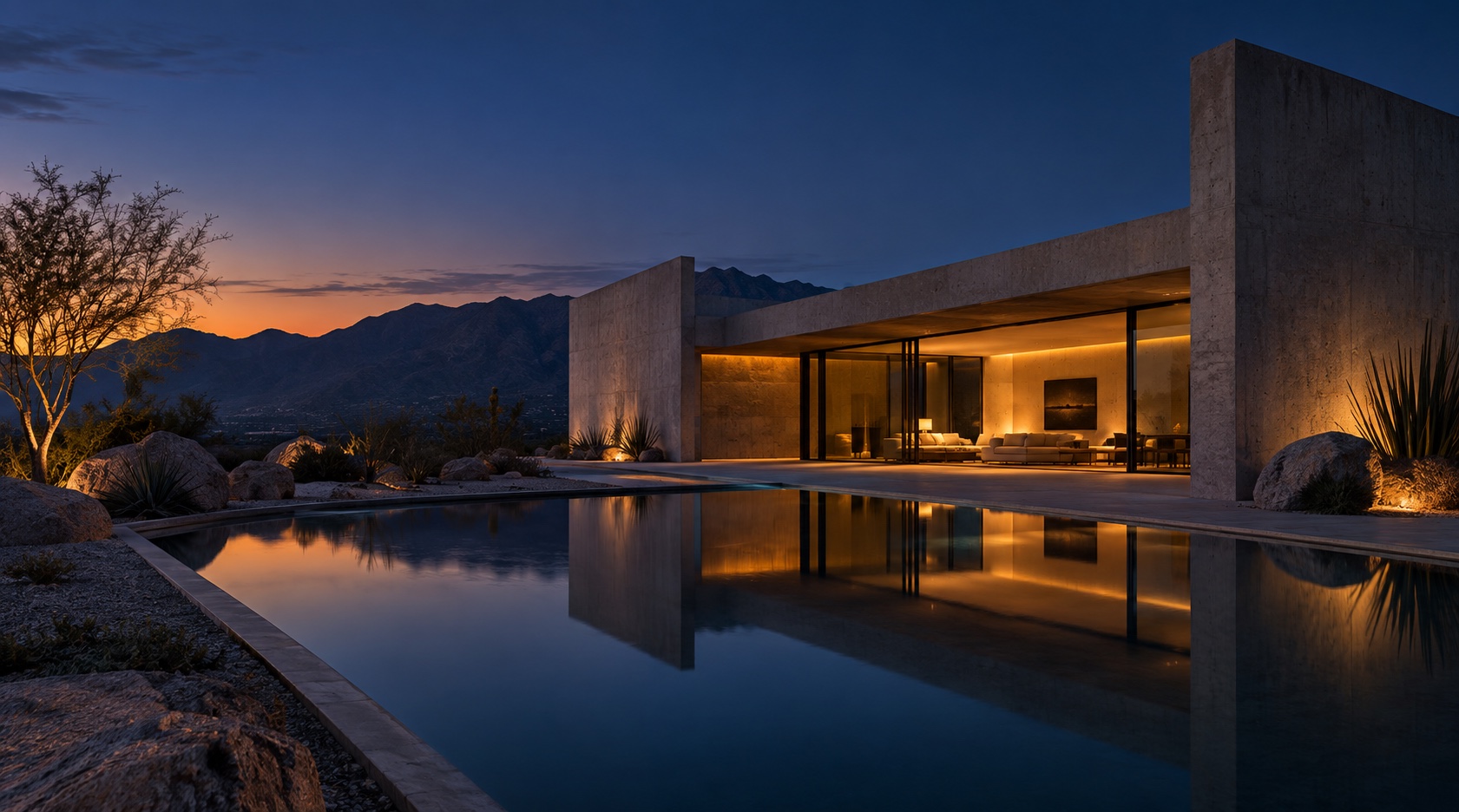 Modern desert house beside a reflecting pool at blue hour