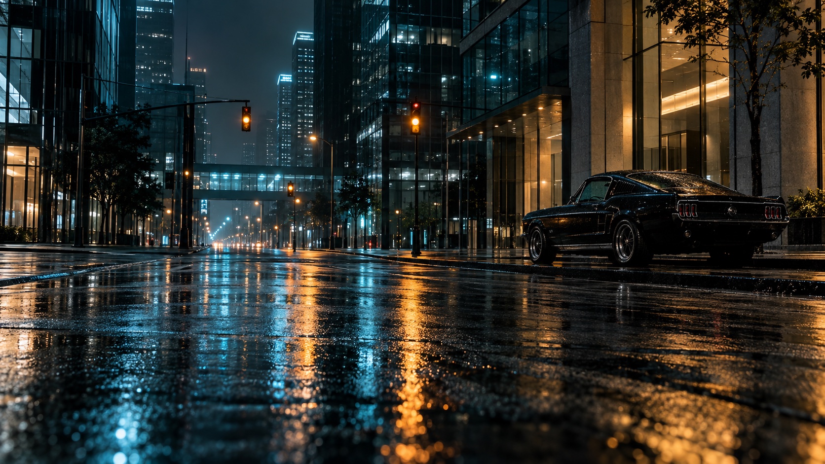 Empty rain soaked city street with cyan and amber cinematic color