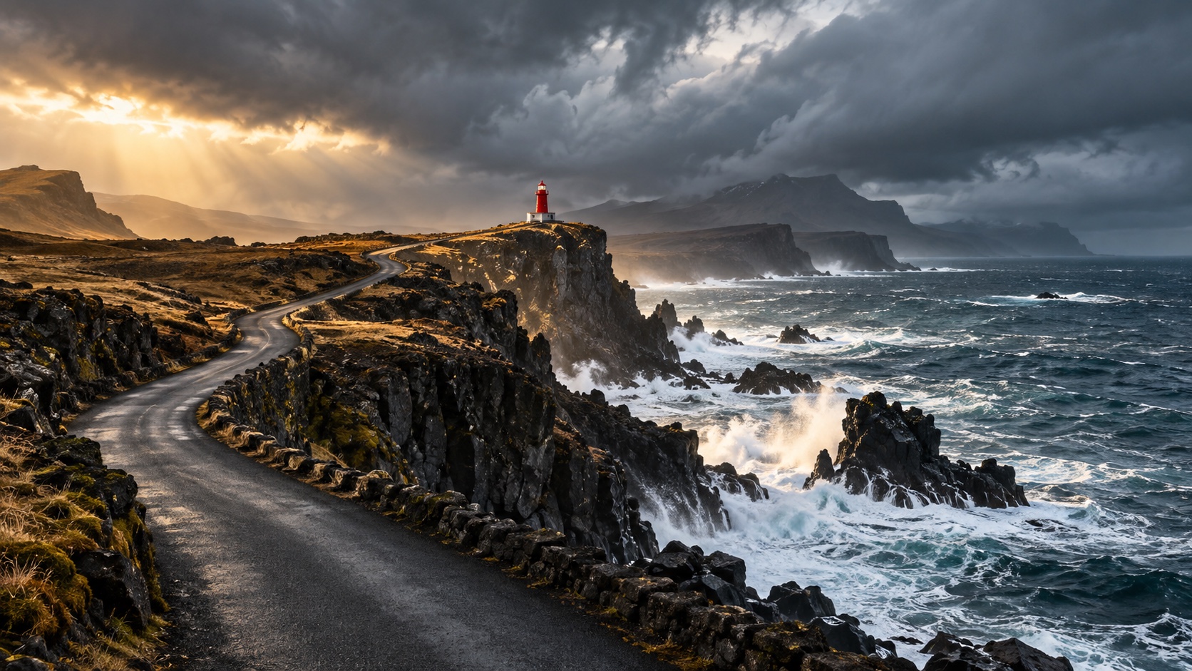 Volcanic coast and red lighthouse beneath dramatic storm clouds